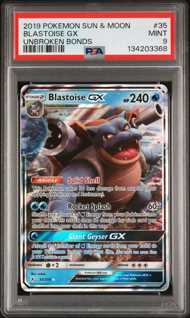 Pokemon BLASTOISE GX Unbroken Bonds Sun & Moon PSA 9, Ophalen of Verzenden, Zo goed als nieuw, Losse kaart, Foil