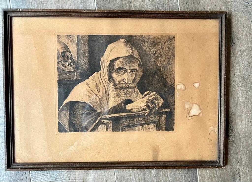 ETS  - BIDDENDE MONNIK - 1892, Antiek en Kunst, Kunst | Etsen en Gravures, 1800 - 1899, Ets, Religie, Ophalen of Verzenden