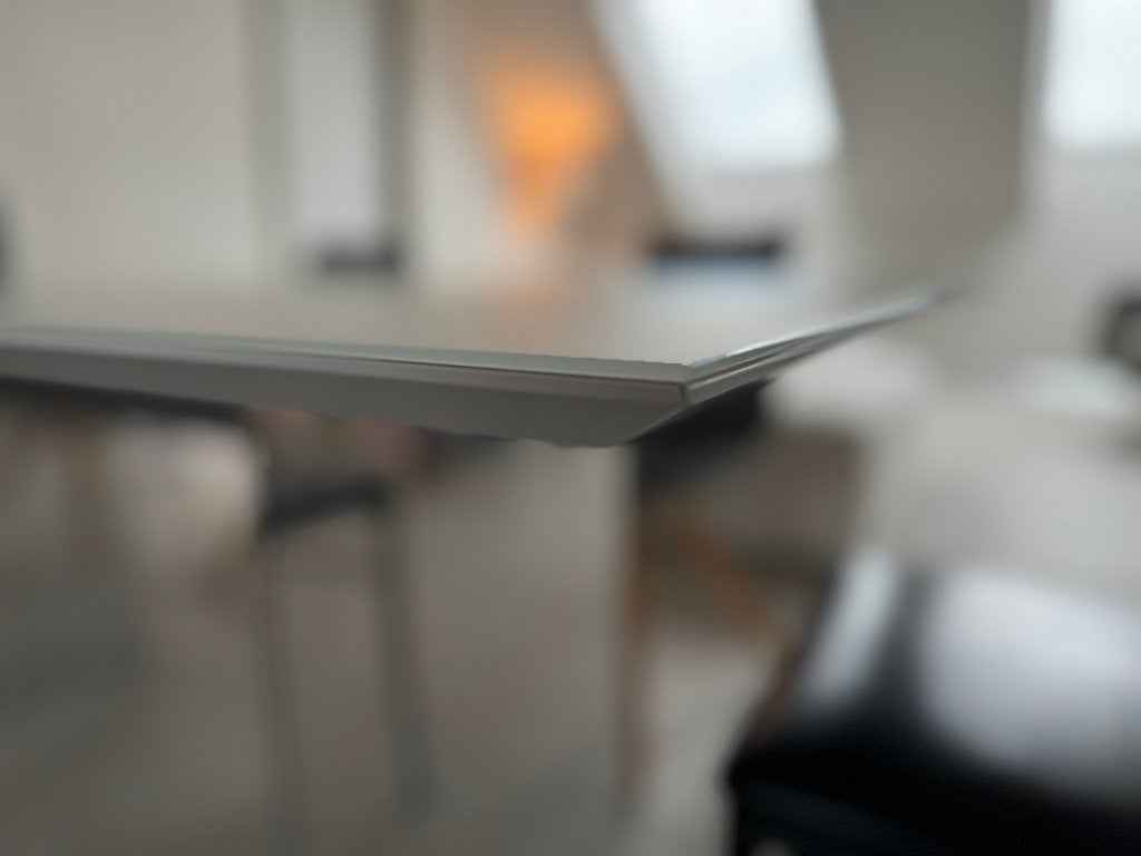 Tafel in getempered satijn glas - wit met chrome onderstel, Ophalen, Zo goed als nieuw, Glas