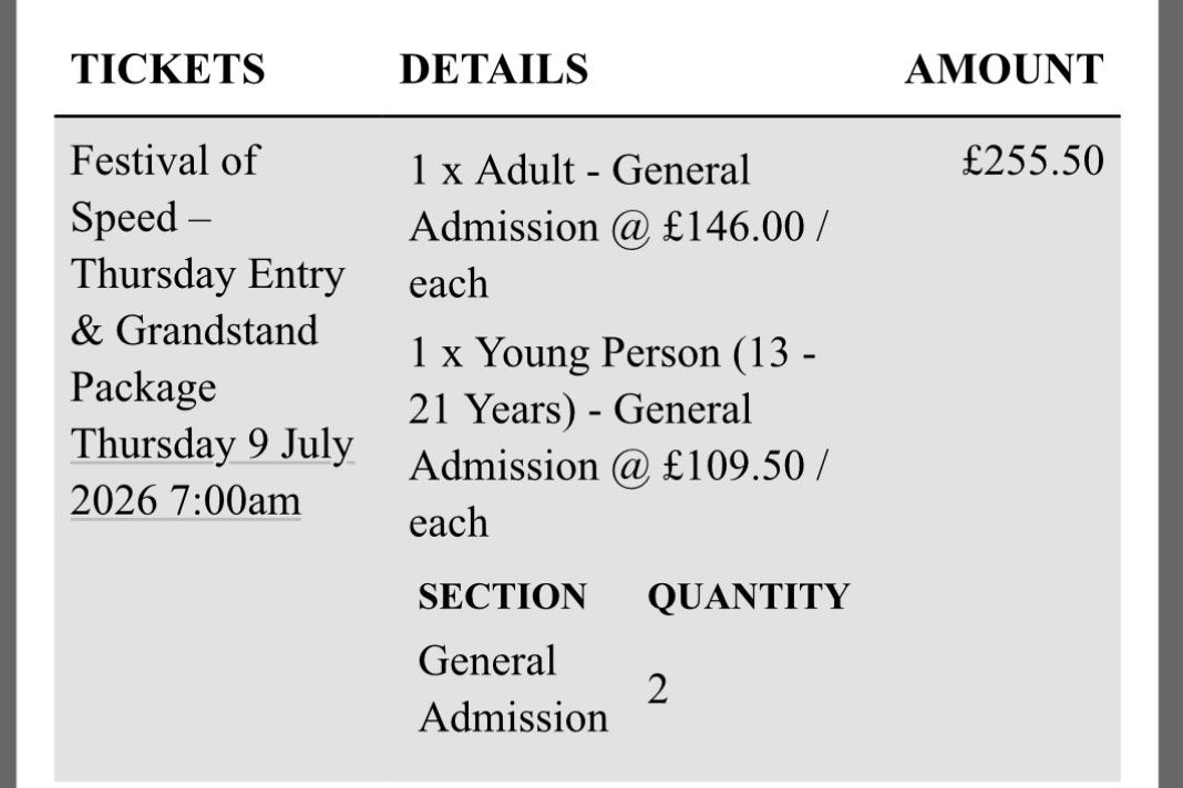 Goodwood Festival of Speed donderdag grandstand tickets, Tickets & Billets, Concerts | Pop, Juillet