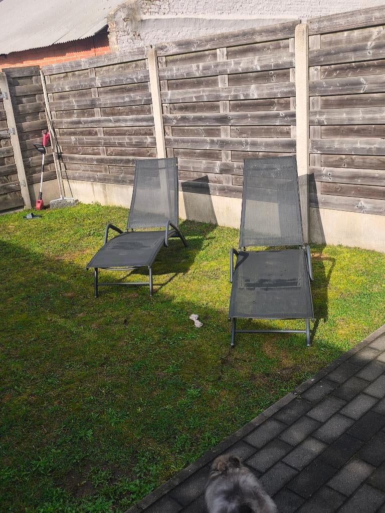 2 ligstoelen, Tuin en Terras, Ligbedden, Ophalen, Gebruikt, Rvs, Verstelbaar