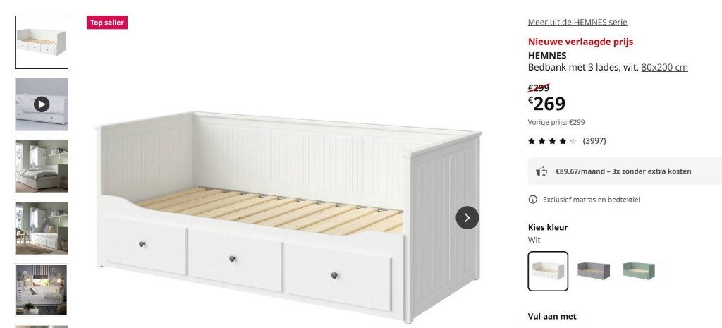 HEMNES Bedbank met 3 lades, Ophalen, Tweepersoons, Zo goed als nieuw, Modern