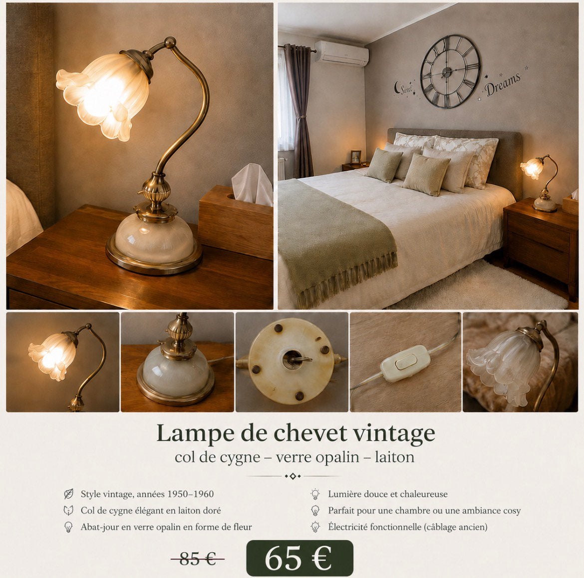 Lampe de chevet vintage a col de cygne, Maison & Meubles, Doré, Vintage, Comme neuf, Verre
