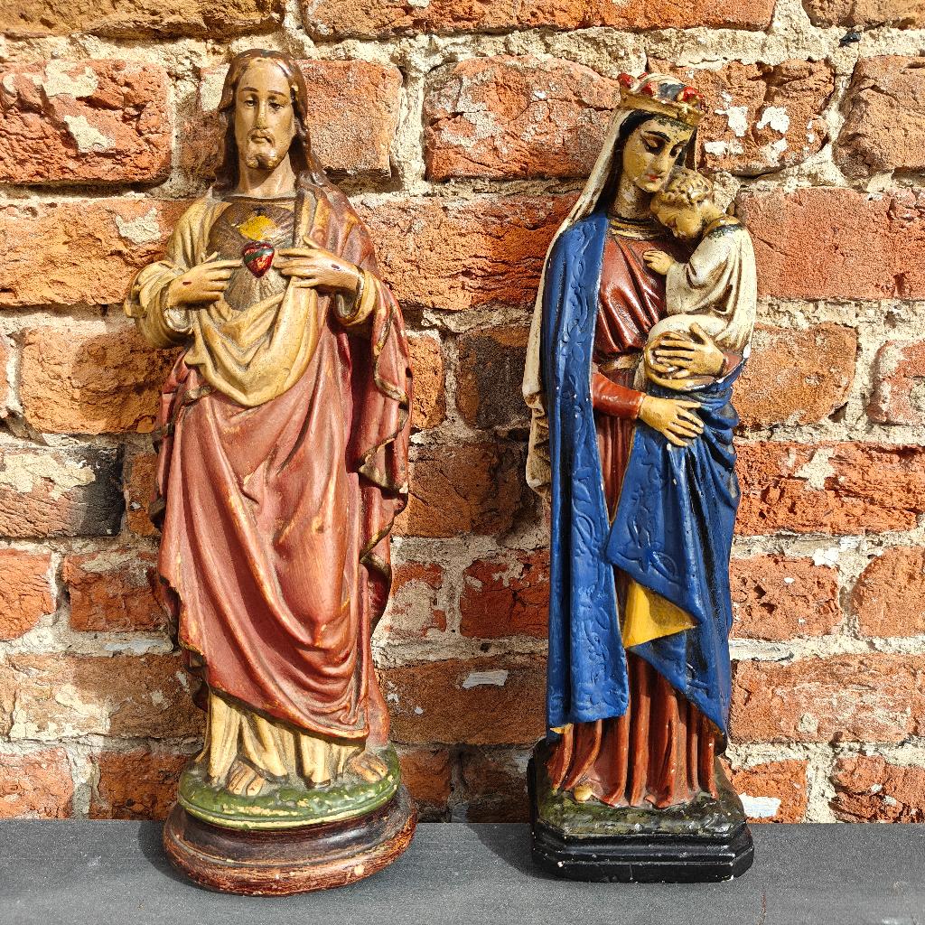 2 antieke religieuze beelden van +-30cm hoog, Antiek en Kunst, Ophalen