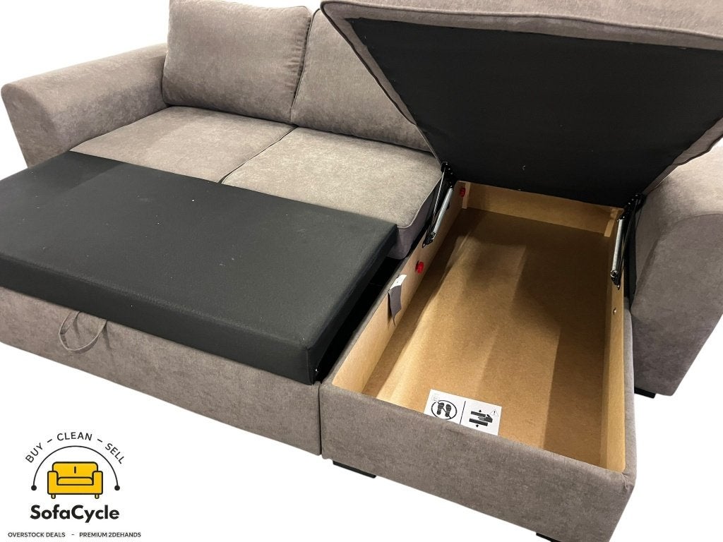 Hoekzetel bruin, slaapfunctie, opbergkoffer, links – nieuw, Gebruikt, Stof, Zonnestraat 223-229, 9600 Ronse, België, Info@sofacycle.be