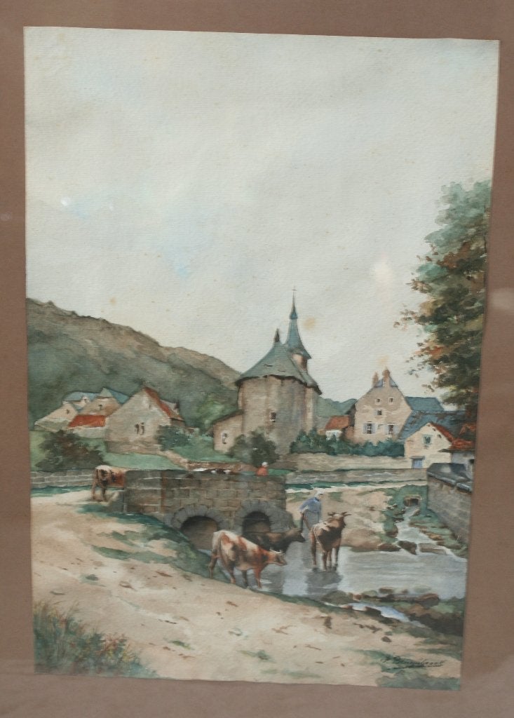 Watercolor schilderij - Gesigneerd, Antiquités & Art, Art | Peinture | Classique, Enlèvement ou Envoi, Aquarelle, Signé, Paysage urbain / rural
