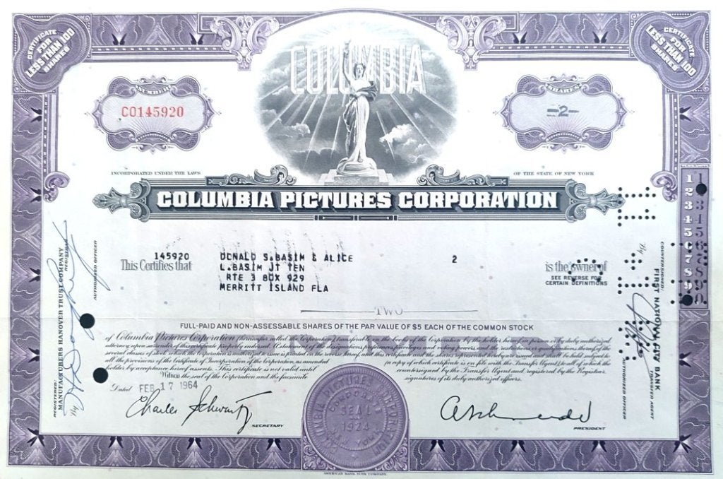 Origineel aandeel van Columbia Pictures uit 1964, Postzegels en Munten, Aandelen en Waardepapieren, Ophalen of Verzenden, 1950 tot 1970