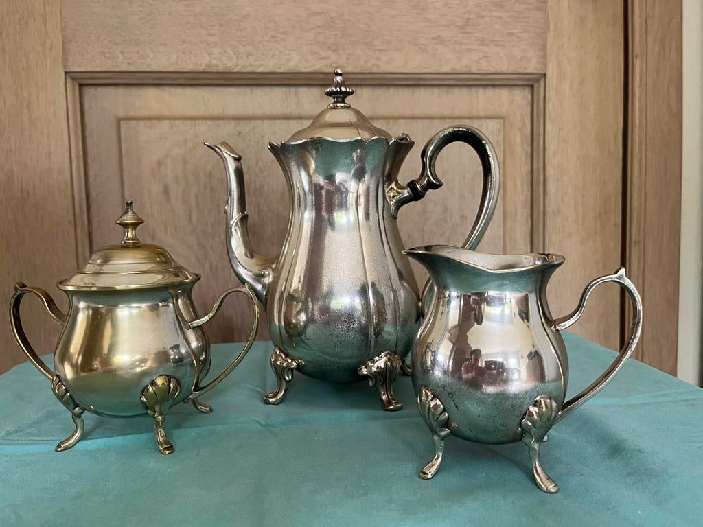 Koffiekan, melkkan en suikerpot, verzilverd., Antiek en Kunst, Ophalen of Verzenden