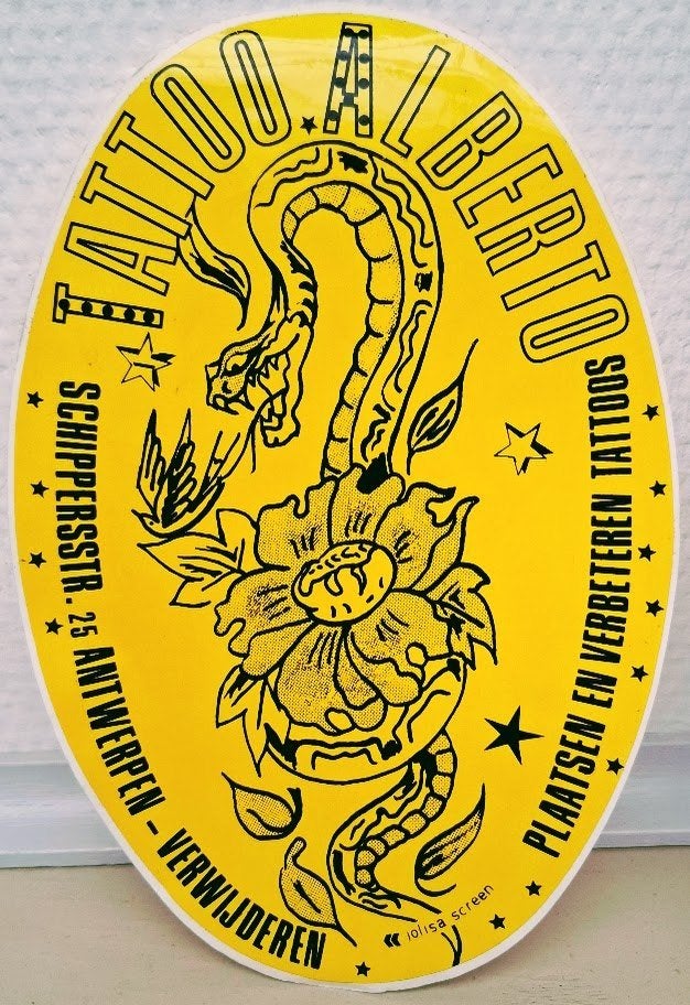 Sticker Tatoo Alberto Schipperstraat 25 Antwerpen, Verzamelen, Retro, Ophalen of Verzenden, Overige typen