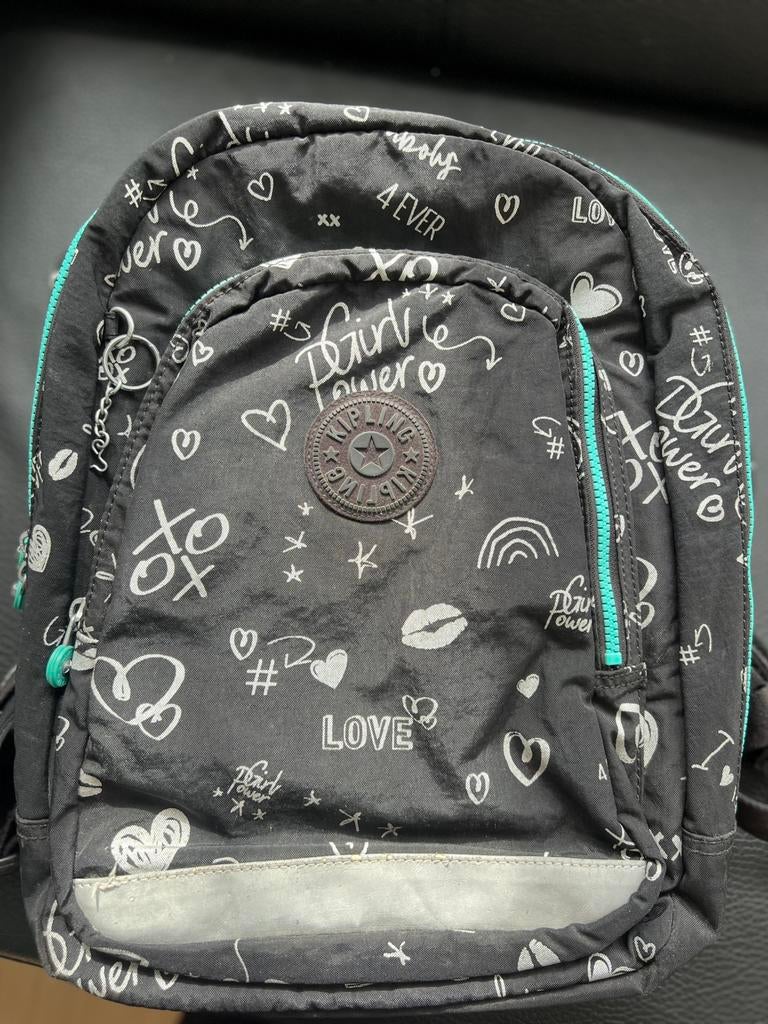 Kipling boekentas/ rugzak zwart met tekeningen, Ophalen, Rugtas, Zwart, 40 tot 50 cm