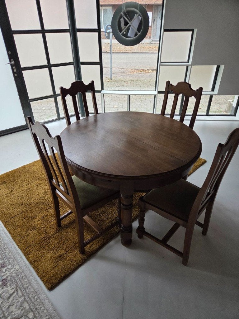 Ronde uitschuifbare eettafel, vintage donkerbruin hout, Huis en Inrichting, Ophalen, Gebruikt, Vier personen, Vintage