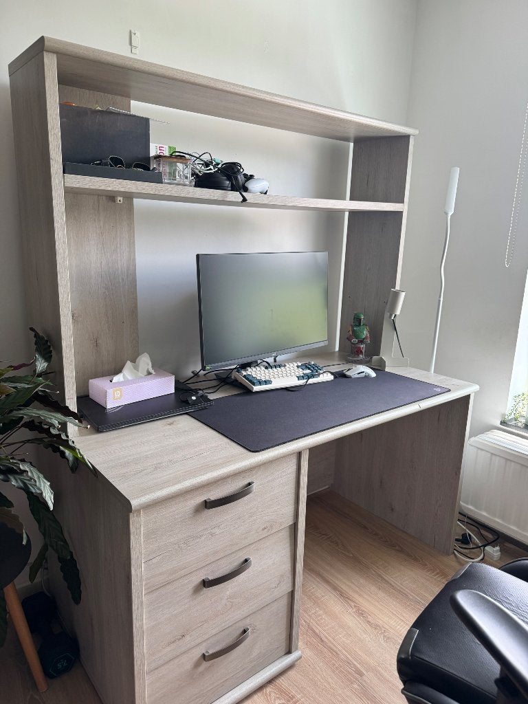 Bureau met licht houteffect, hoge plank en opbergruimte, Ophalen, Met lades, Hout, Zo goed als nieuw