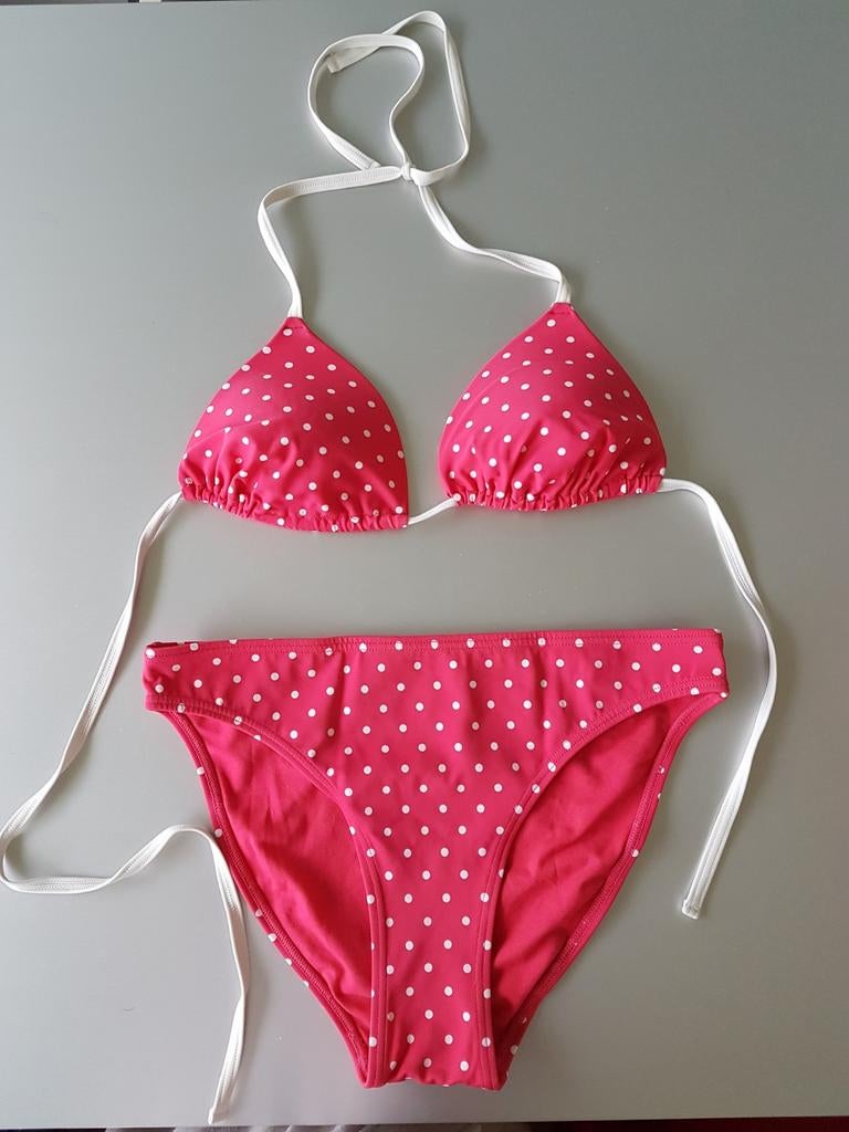 Fuchsia roze bikini met witte stippen, maat S/M, Kleding | Dames, Ophalen of Verzenden, Roze, Bikini, Gedragen