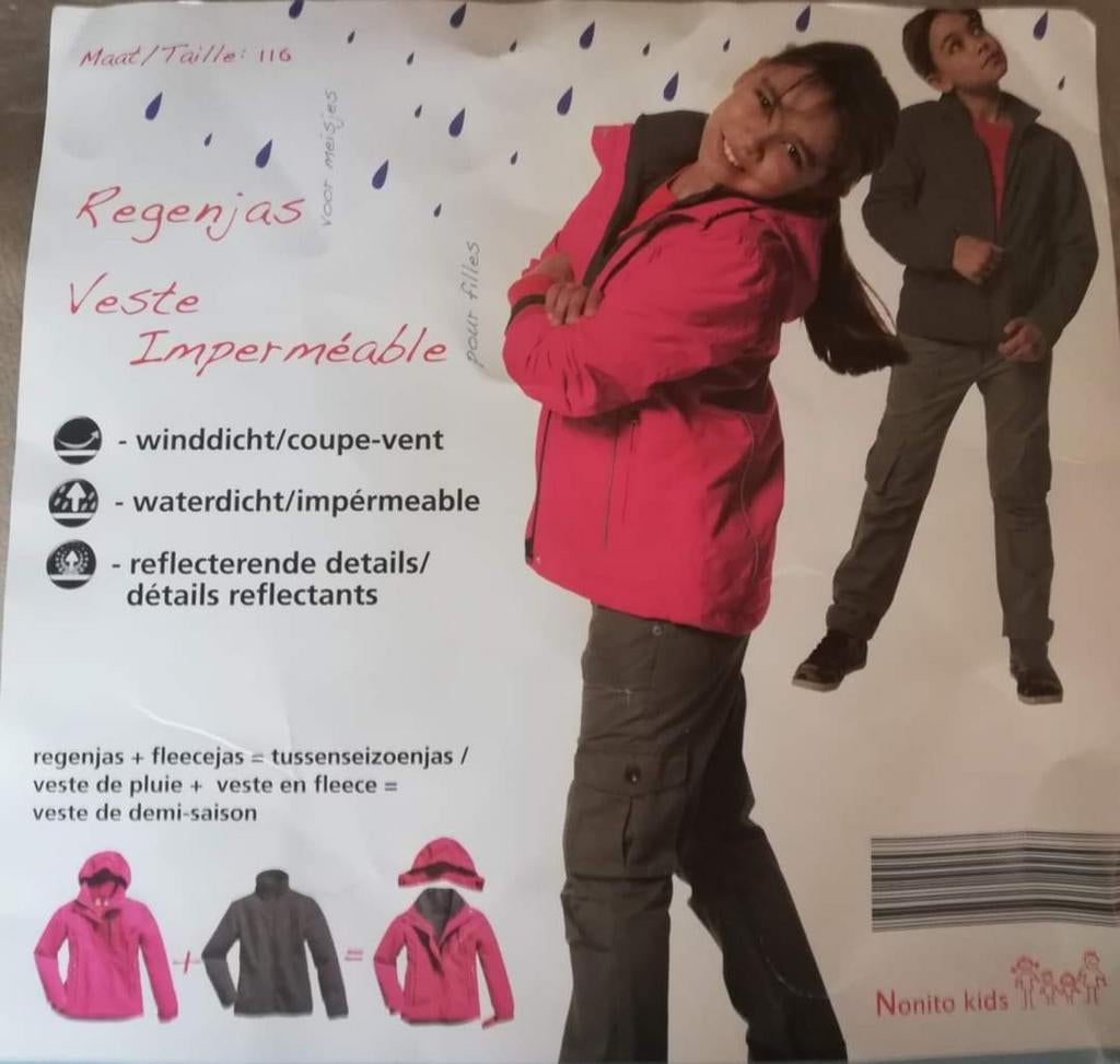 Regenjas en fleecejas in 1 stuk maat 116, Enlèvement ou Envoi, Utilisé, Fille, Manteau
