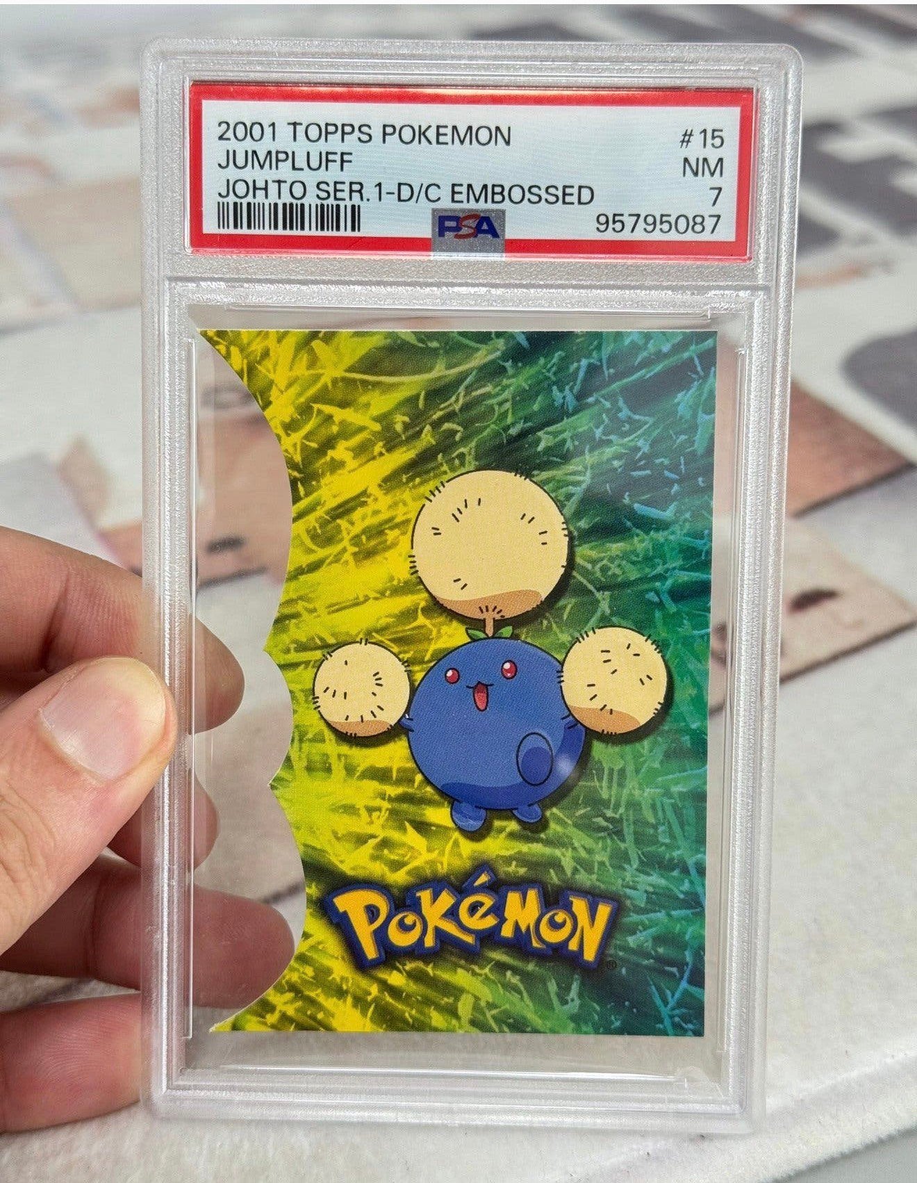 2001 Topps Pokemon Johto series 1 Jumpluff die-cut #15 PSA-7, Ophalen of Verzenden, Zo goed als nieuw, Losse kaart