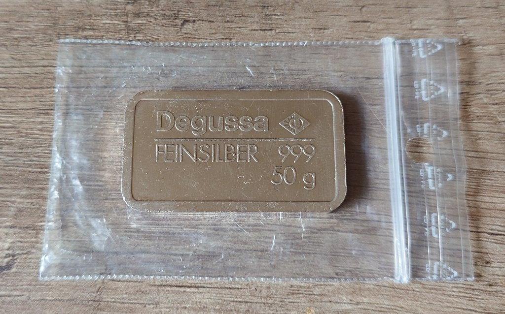 50 Gram Degussa zilver Baar, Verzenden, Zilver