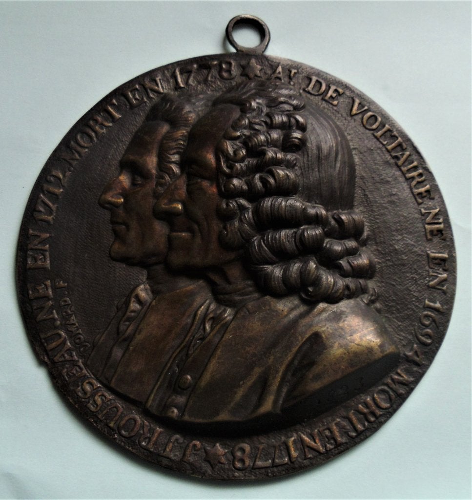 Grande médaille J.J.Rousseau et Voltaire - bronze (patiné), Timbres & Monnaies, Pièces & Médailles, Bronze, Envoi