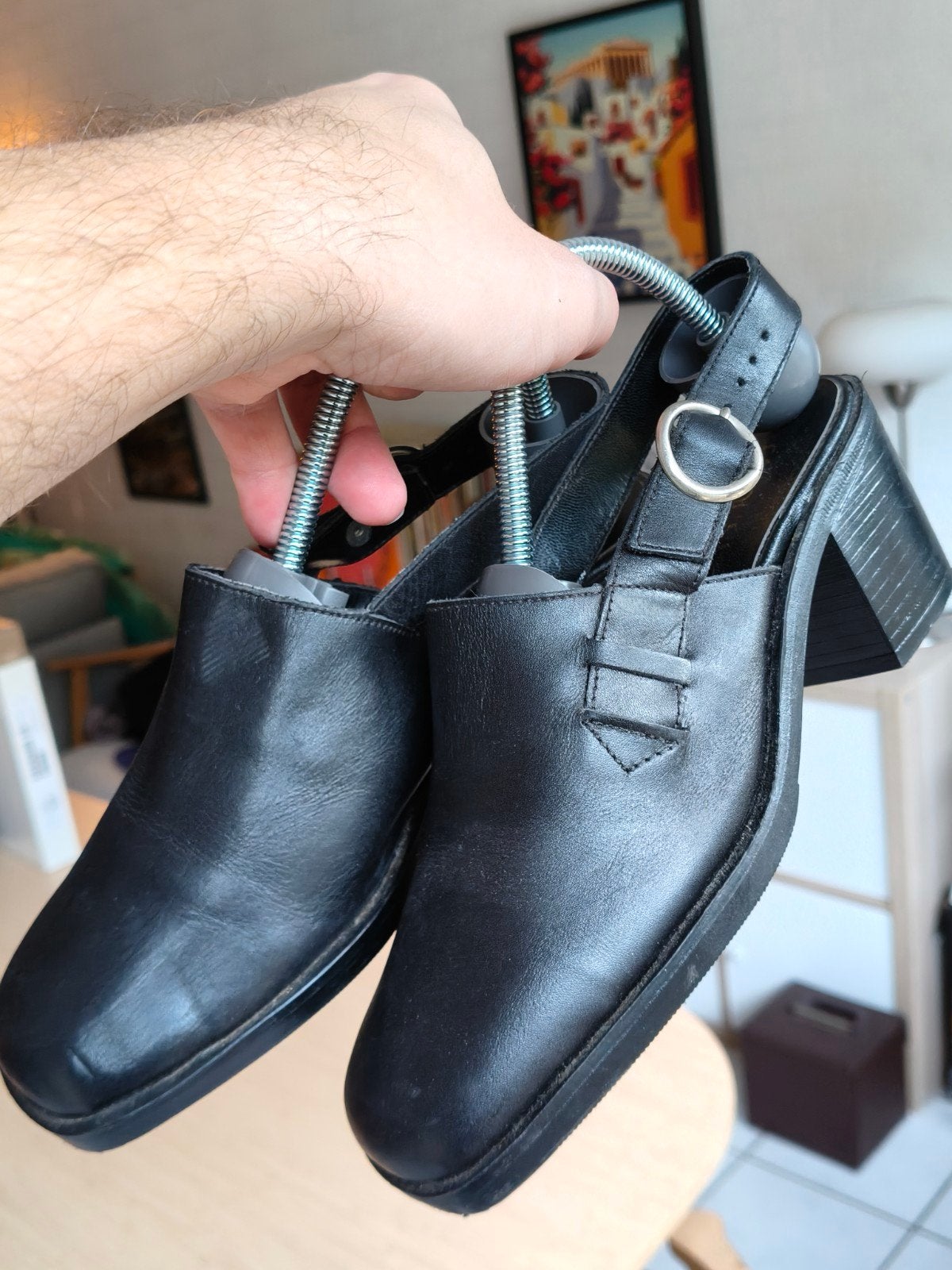 Bottines noires en cuir – talon bloc, Enlèvement ou Envoi, Porté, Noir, Sandales et Mûles