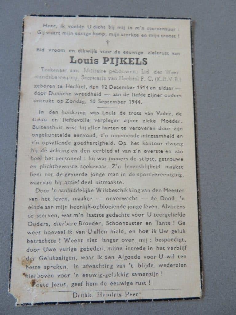 Louis Pijkels weerstander Hechtel 1914 Duitse wreedheid 1944, Verzamelen, Ophalen of Verzenden, Bidprentje