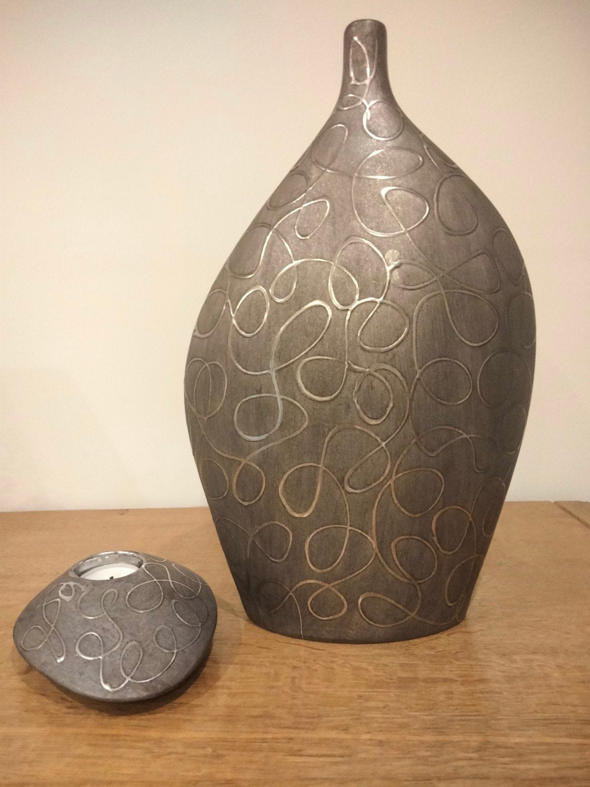 Grand vase gris (41cm) et photophore galet assorti.TBEt, Maison & Meubles, Enlèvement, Gris