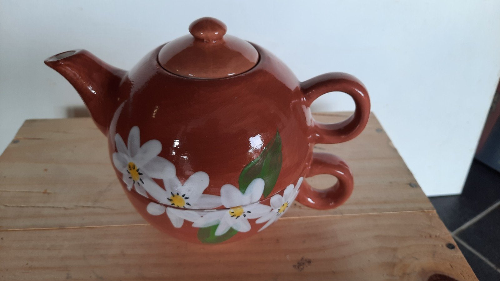 Théière + tasse en terre cuite émaillée, Enlèvement ou Envoi