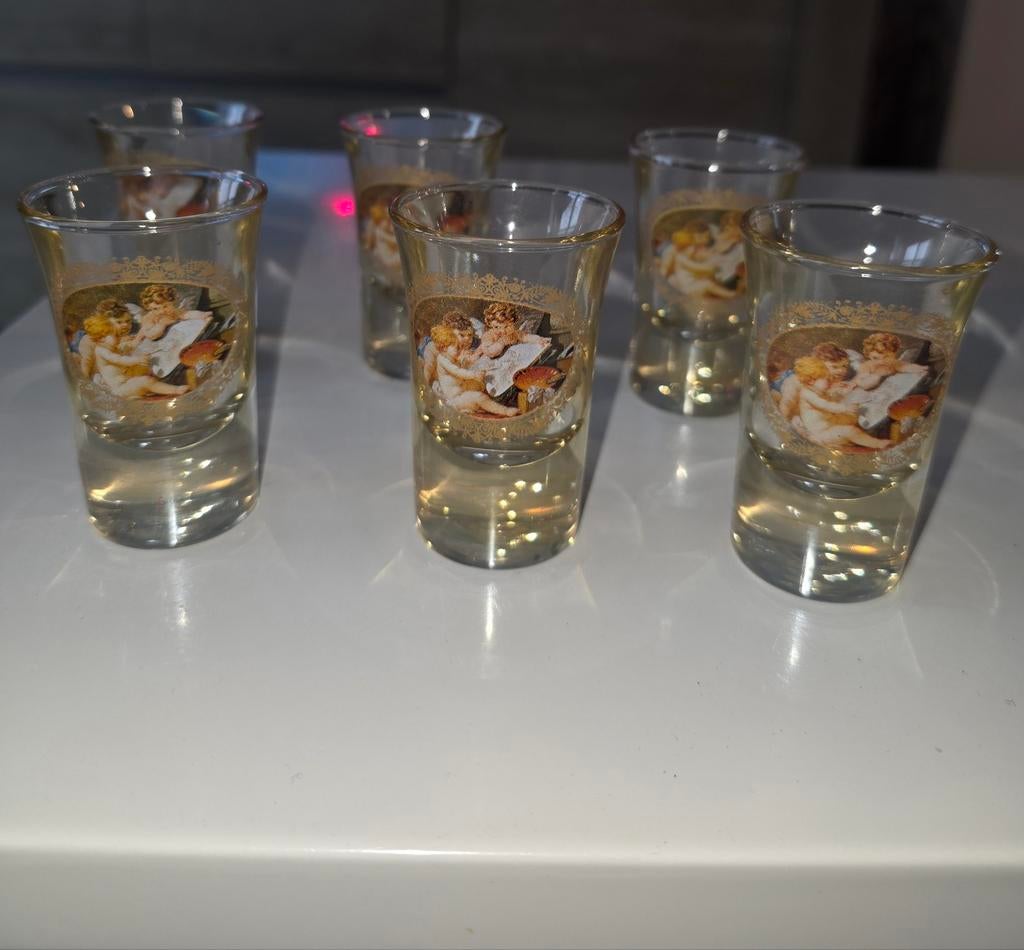 Liquor vintage collection 6-delige druppelglazen van 2 cl, Ophalen, Zo goed als nieuw, Borrel- of Shotglas
