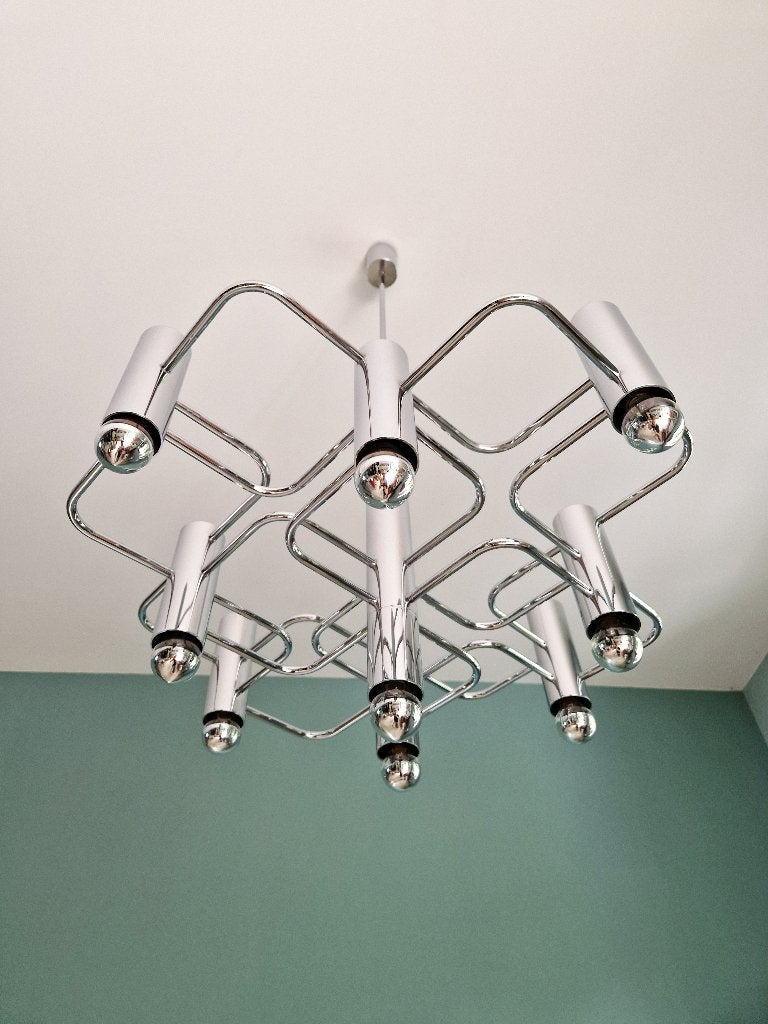 Grote kroonluchter in verchroomd metaal, G. Sciolari, 1970, Ophalen