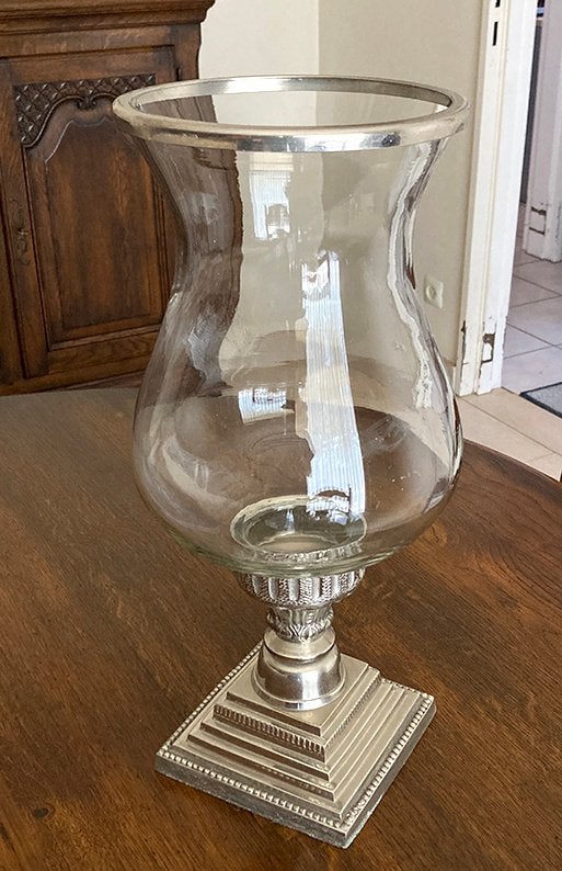 glazen kelk/kaarsenhouder met zilver voet, 41 cm, Photophore, Comme neuf, Verre