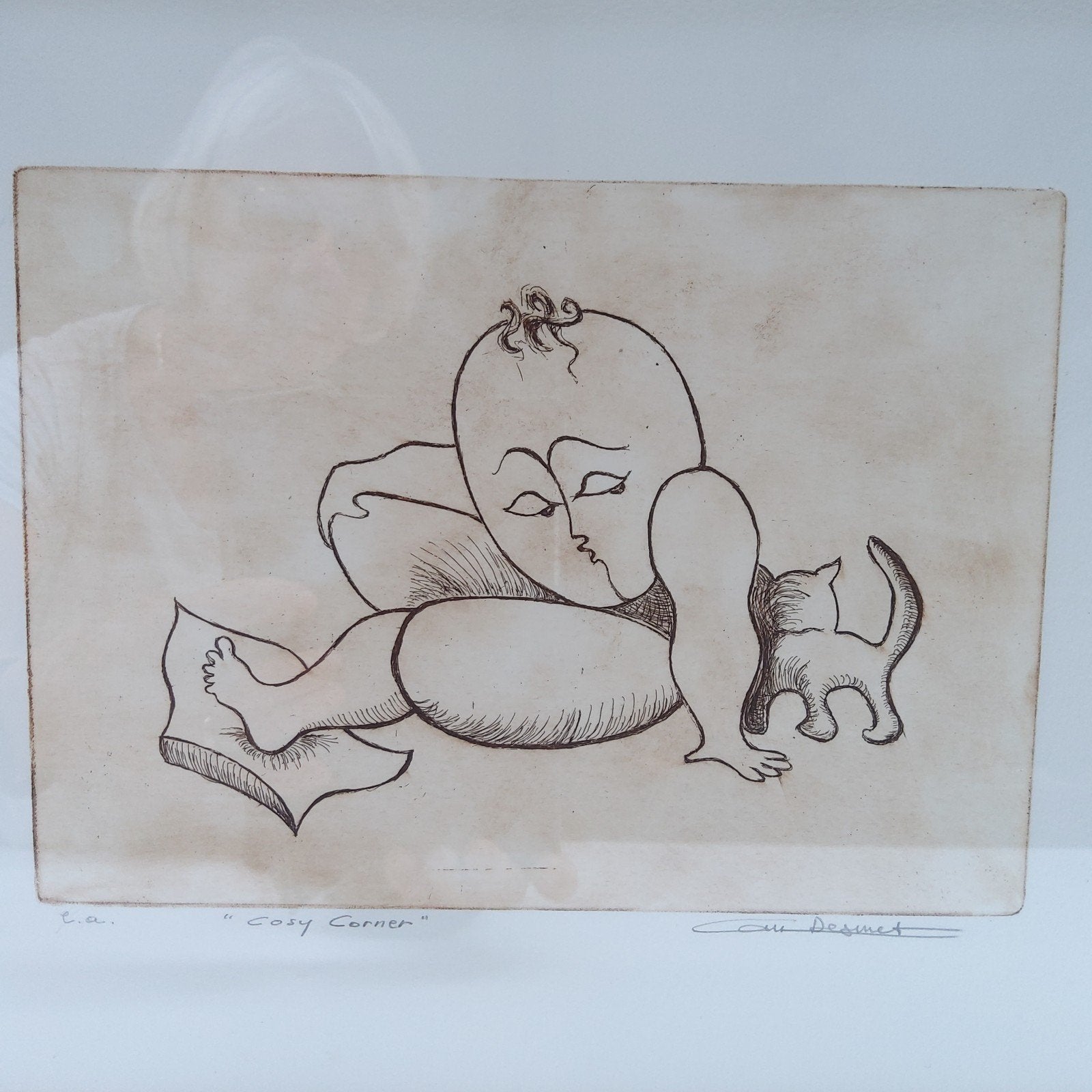 Ets " Cosy Corner". Ingelijst 45 x 35 cm., Dagelijks leven, Ets, Gesigneerd, 35 cm
