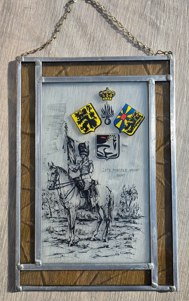 Glas-in-loodpaneel Belgische Rijkswacht, Antiek en Kunst, Ophalen