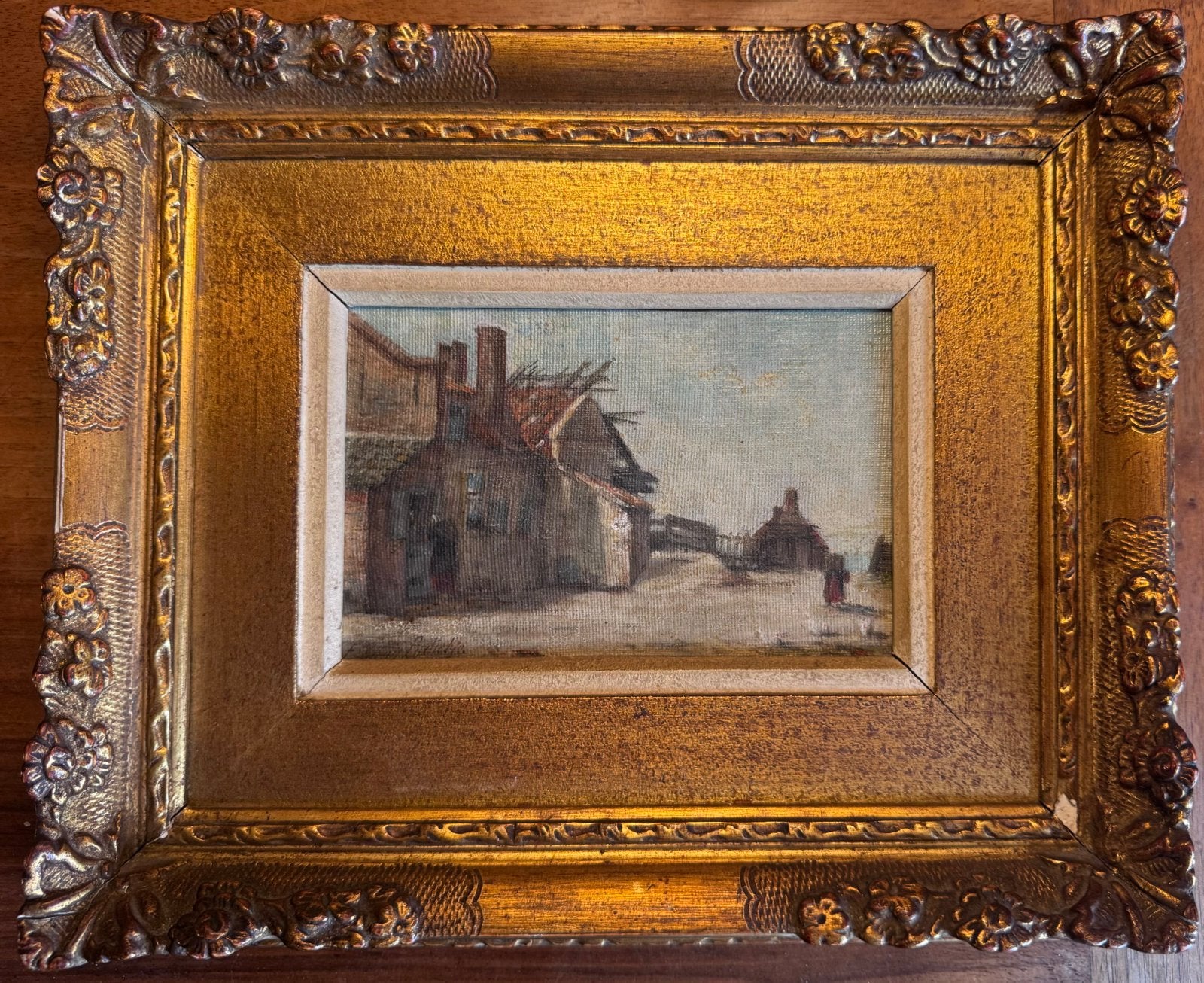 Dorpsgezicht met figuren en kippen (Jan Portielje), Antiek en Kunst, Ophalen of Verzenden, Gesigneerd, Olieverf, Doek