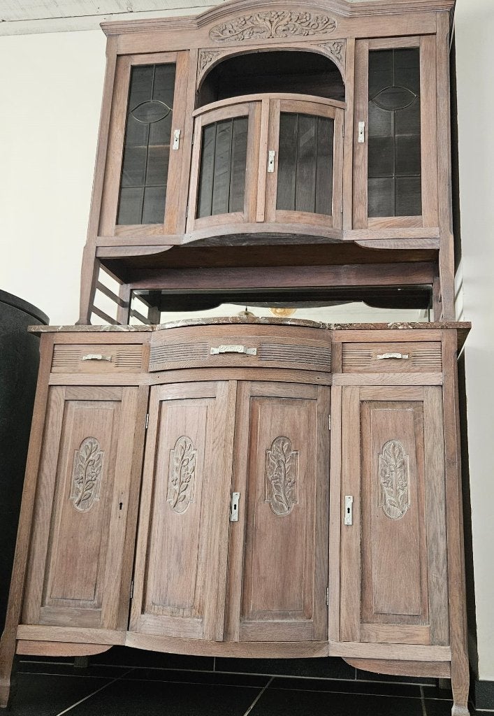 Eiken vitrinekast met marmeren blad (kleine herstelling), Avec tablette(s), Enlèvement, Utilisé, 200 cm ou plus