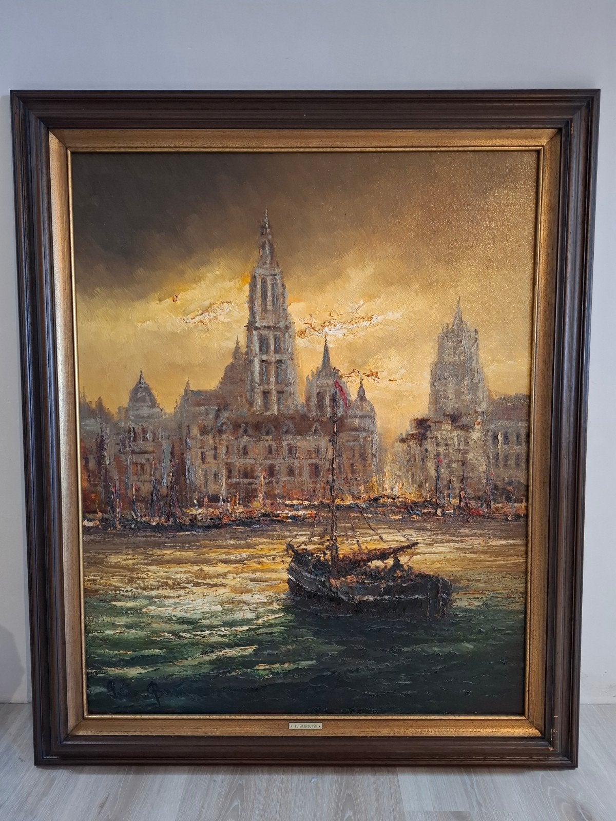 Port avec vue sur la ville de Peter Brouwer, Peinture à l'huile, Signé, Enlèvement, Toile