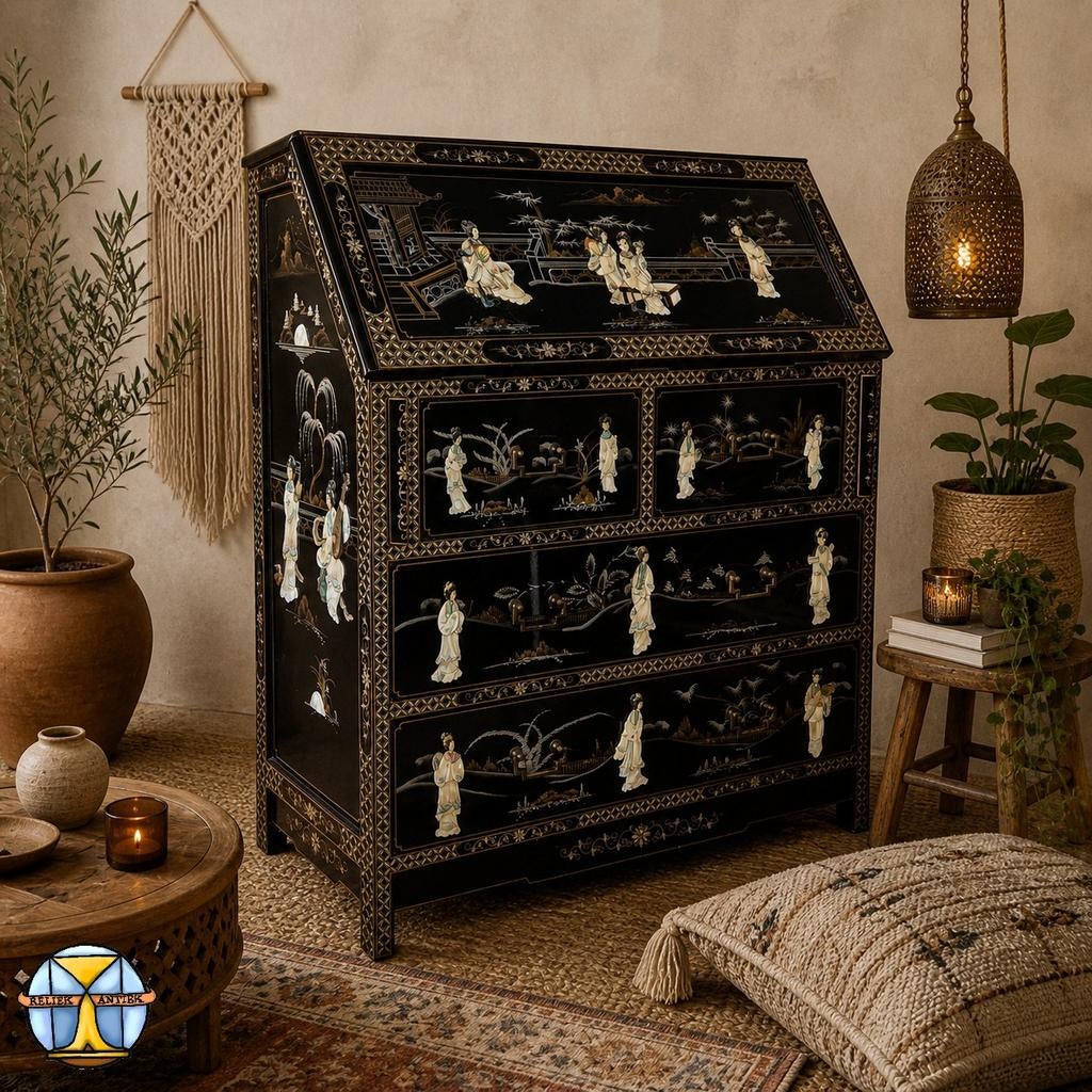 Vintage Chinees Lakwerk Secretaire / Bureau met Parelmoer, Huis en Inrichting, Kasten | Secretaires, Zo goed als nieuw, Ophalen of Verzenden