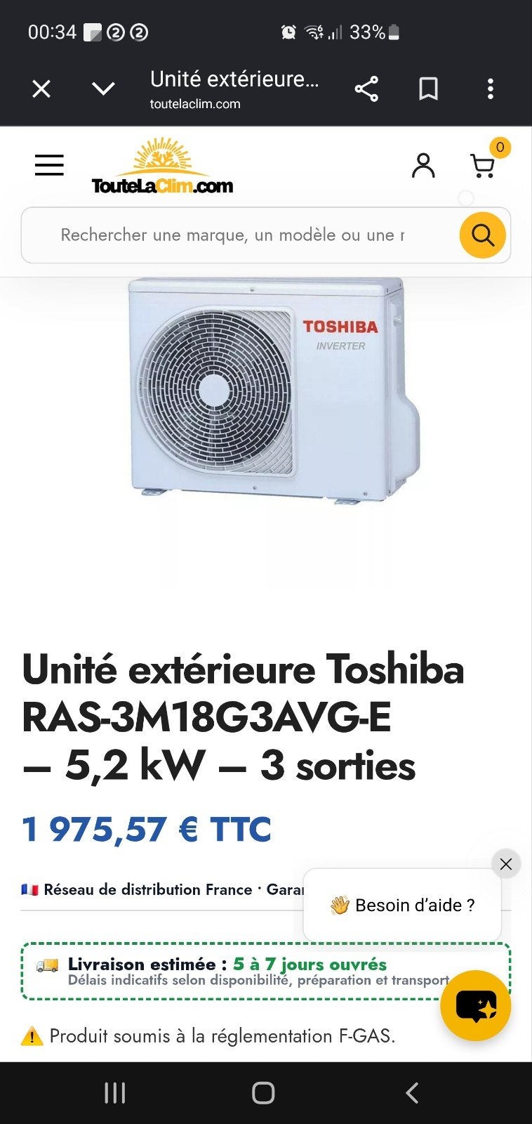 toshiba unité extérieure 3 sorties neuf, Enlèvement