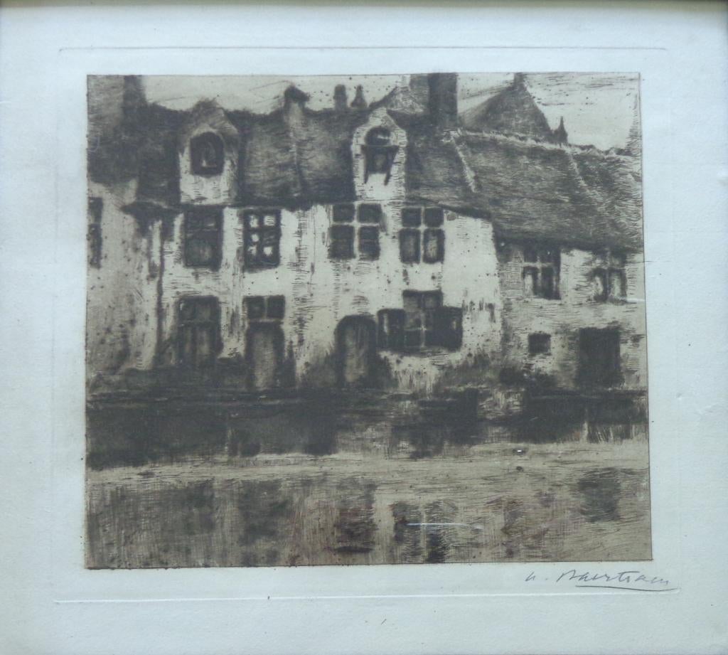 ALBERT BAERTSOEN / HUIZEN KANAAL / ZW-W ETS / 38x41cm KADER, Antiek en Kunst, Ets, Ophalen of Verzenden, Gesigneerd, Landschap