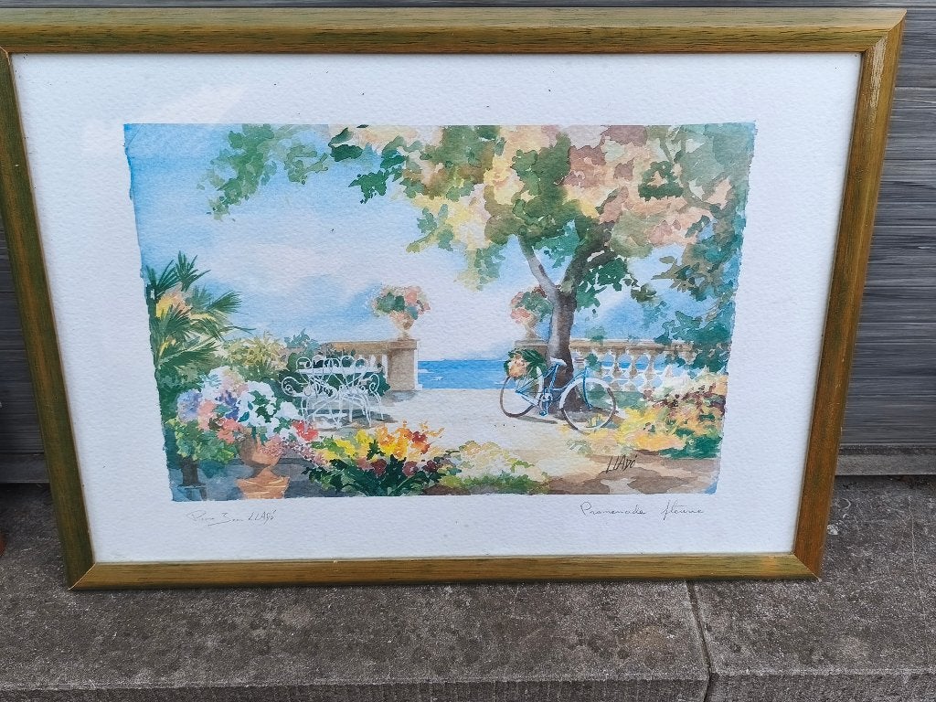 aquarelle promenade fleurie signe jean pierre llado, Antiquités & Art, Enlèvement ou Envoi, Aquarelle