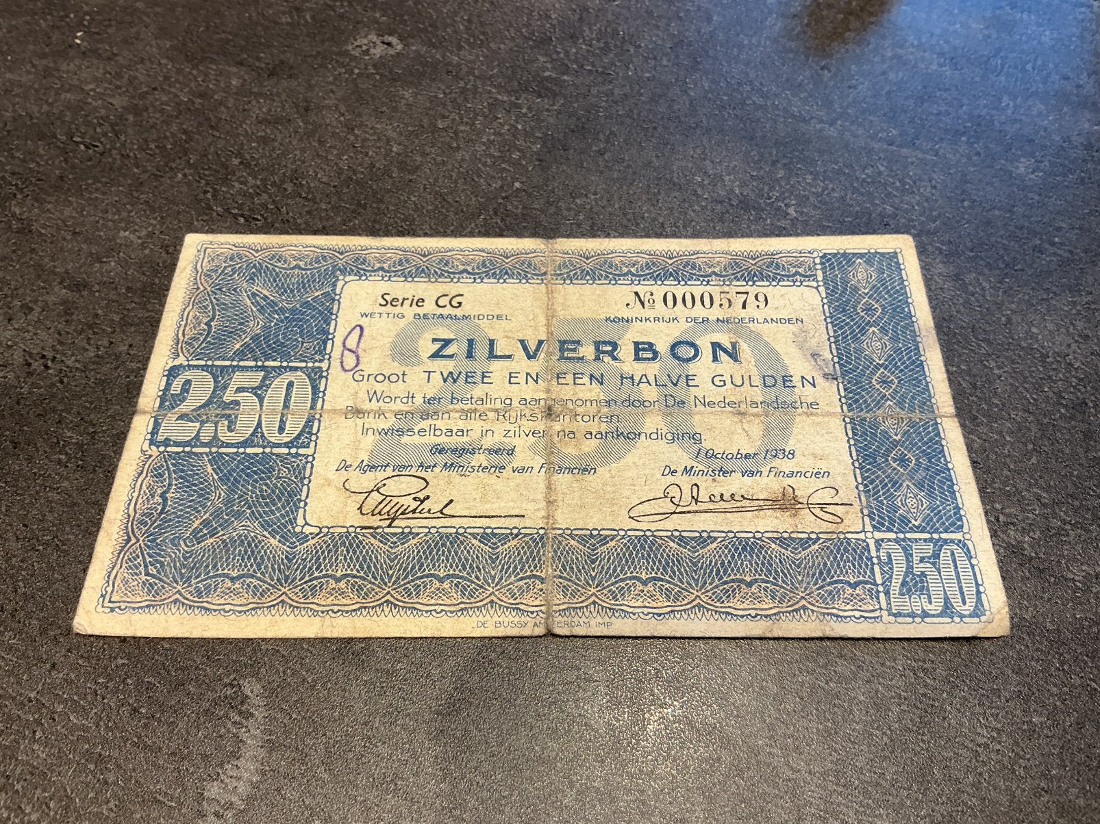 Nederland zilverbon 2 1/2 gulden 1938, Ophalen of Verzenden