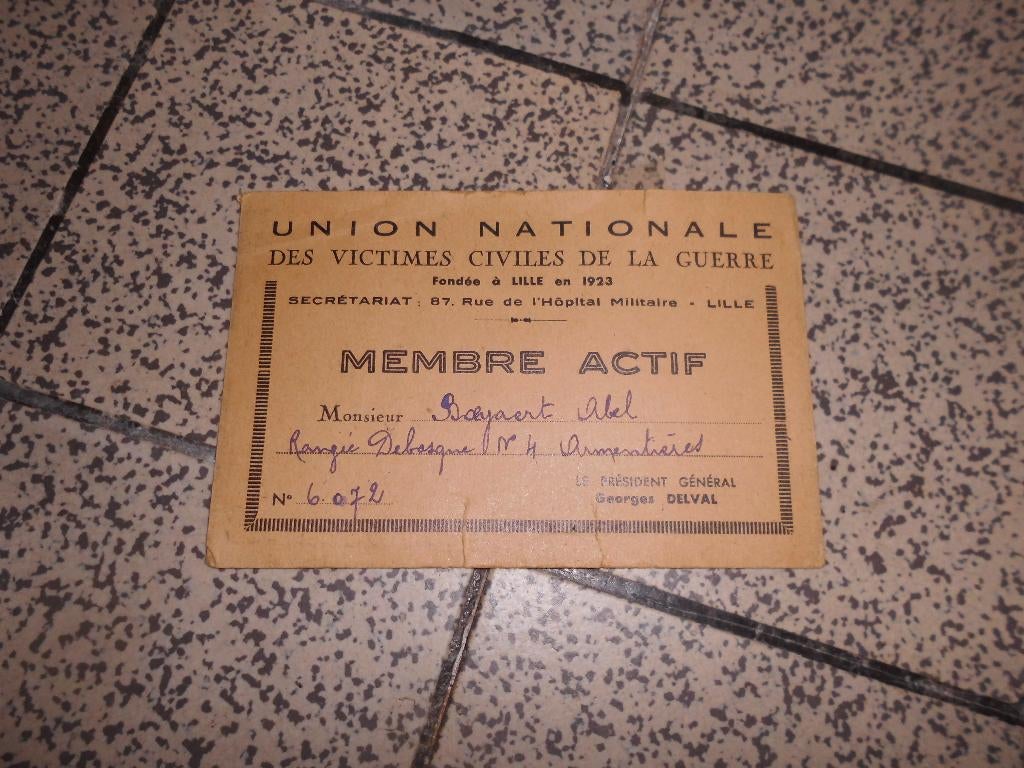 ancienne carte membre actif - victime de guerre WWII, Enlèvement ou Envoi