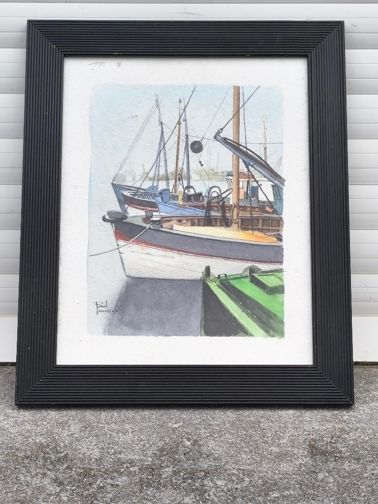 Aquarelle bateau en bretagne signe Paul perveux, Antiquités & Art, Enlèvement ou Envoi