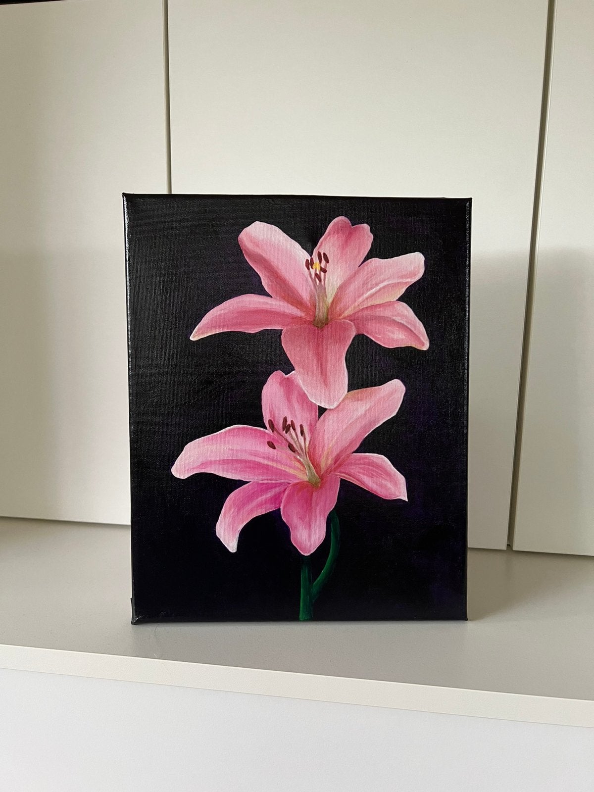 Origineel schilderij - 2 roze lelies, Minder dan 50 cm, Oorspronkelijke maker, Verzenden, Zo goed als nieuw