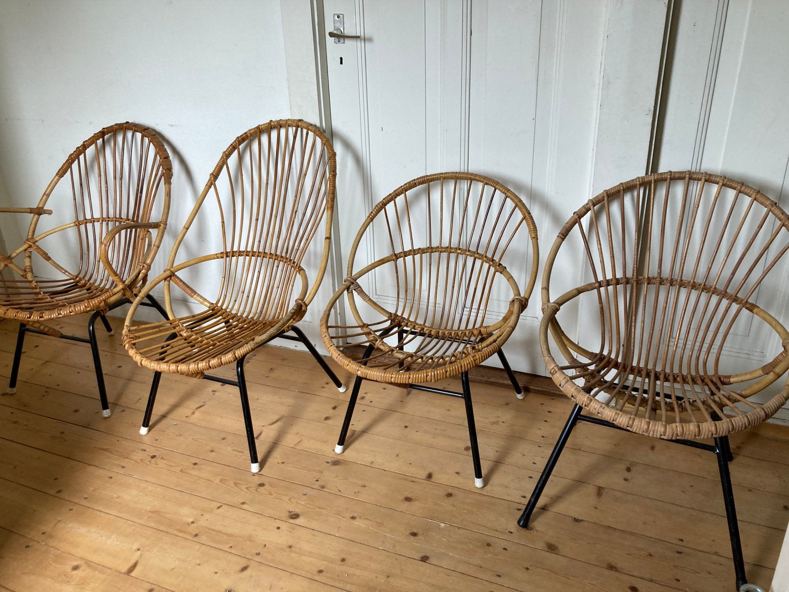 Vintage rotan kuipstoelen- 4 stuks, Ophalen, Overige kleuren, Riet of Rotan, Zo goed als nieuw