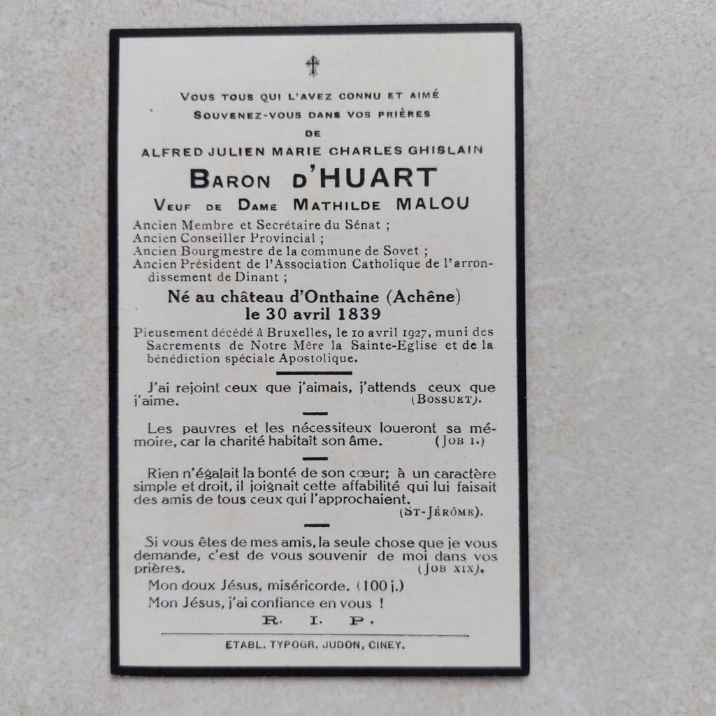 Oud bidprentje adel: Baron d'Huart 1839 - 1927, Verzamelen, Bidprentjes en Rouwkaarten, Ophalen of Verzenden, Bidprentje
