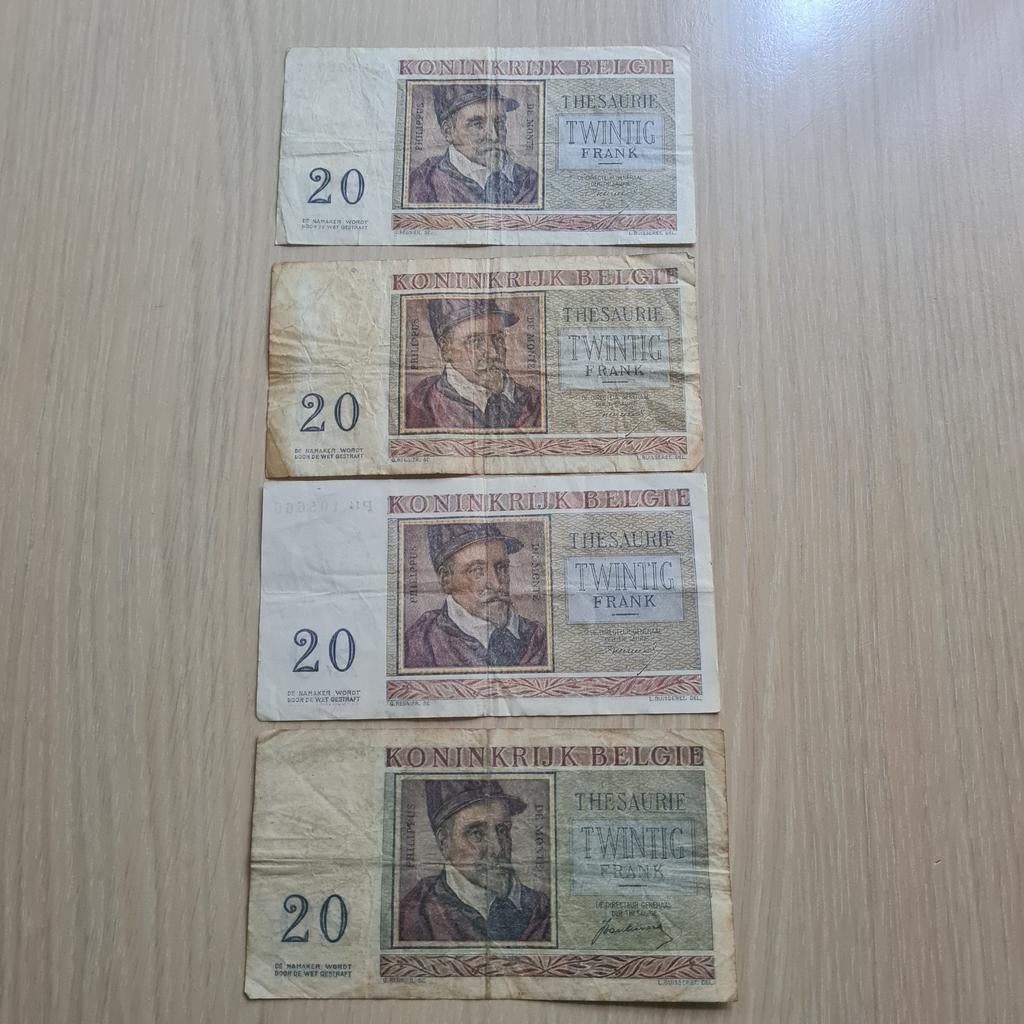 Lot 4 billets de 20 francs de. Belgique, Enlèvement ou Envoi