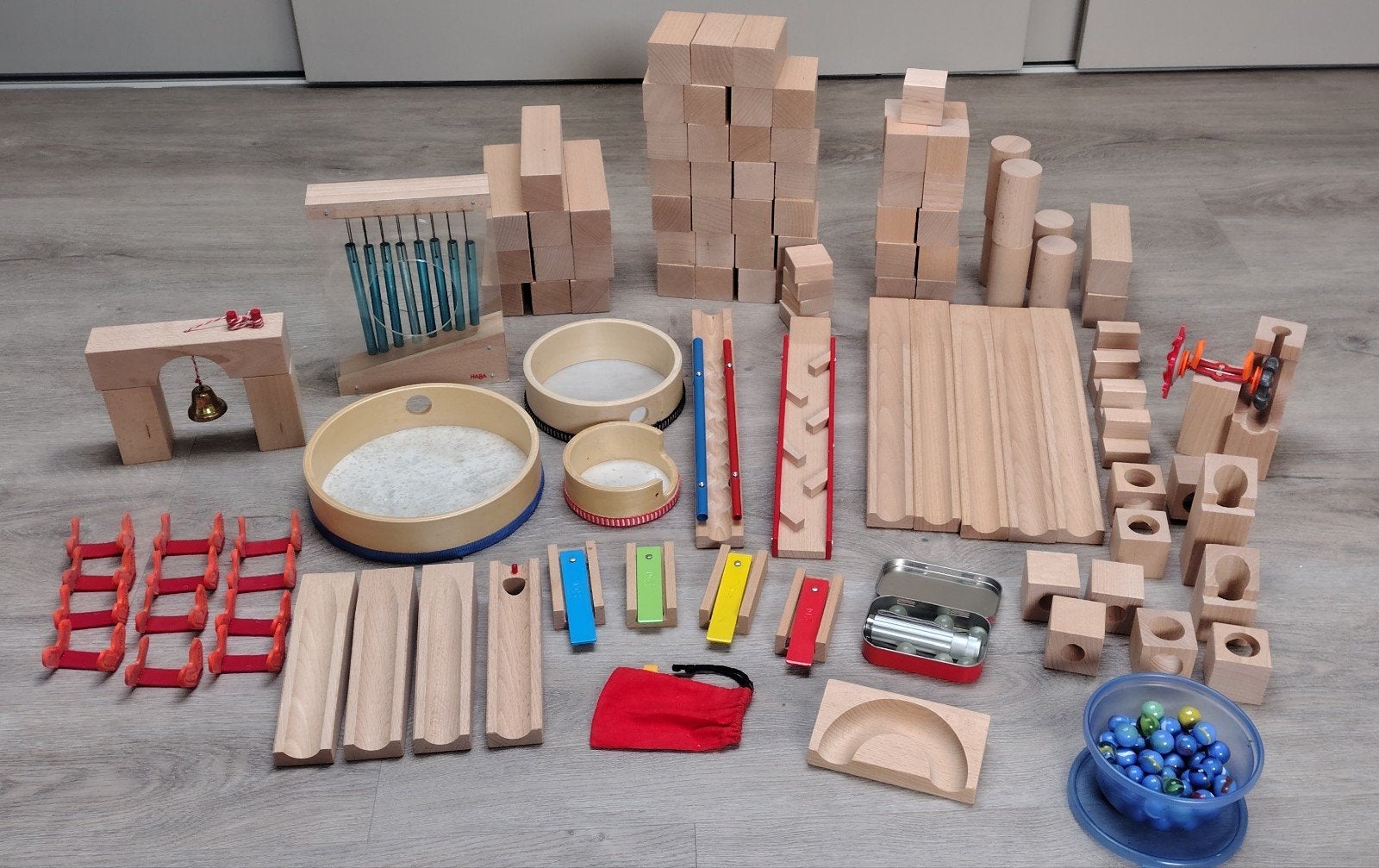 Haba houten knikkerbaan muziek + uitbreidingssets totaal 120, Ophalen