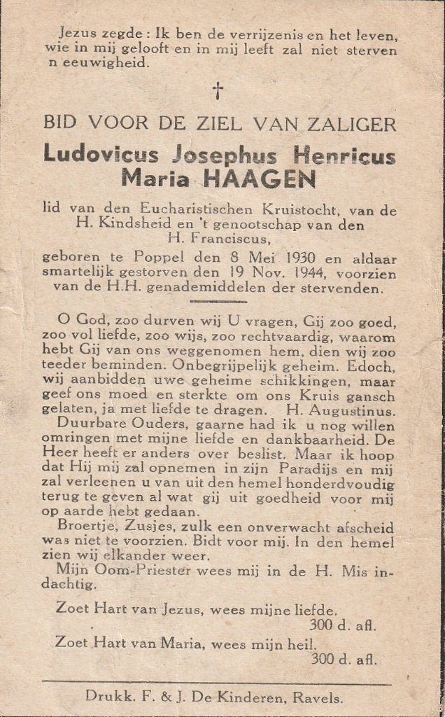 Oorlogsslachtoffer 1940-45 Ludovicus Haagen Poppel 1944, Verzamelen, Ophalen of Verzenden