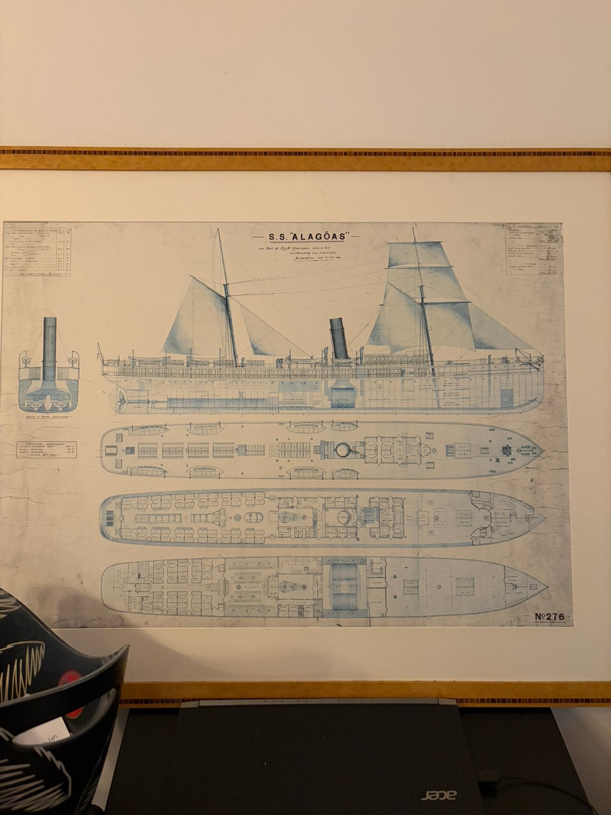Antieke Scheepstekening S.S. Alagôas 1889 (106x83 cm), Ophalen