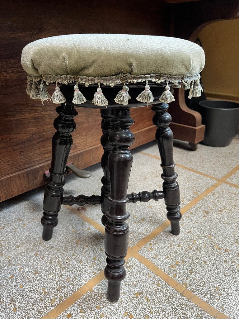 Tabouret de piano avec revêtement vert, Enlèvement, Réglable en hauteur, Utilisé, Bois