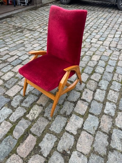 Vintage mid-century houten klaptafel en 4 relaxfauteuils, Antiek en Kunst, Ophalen