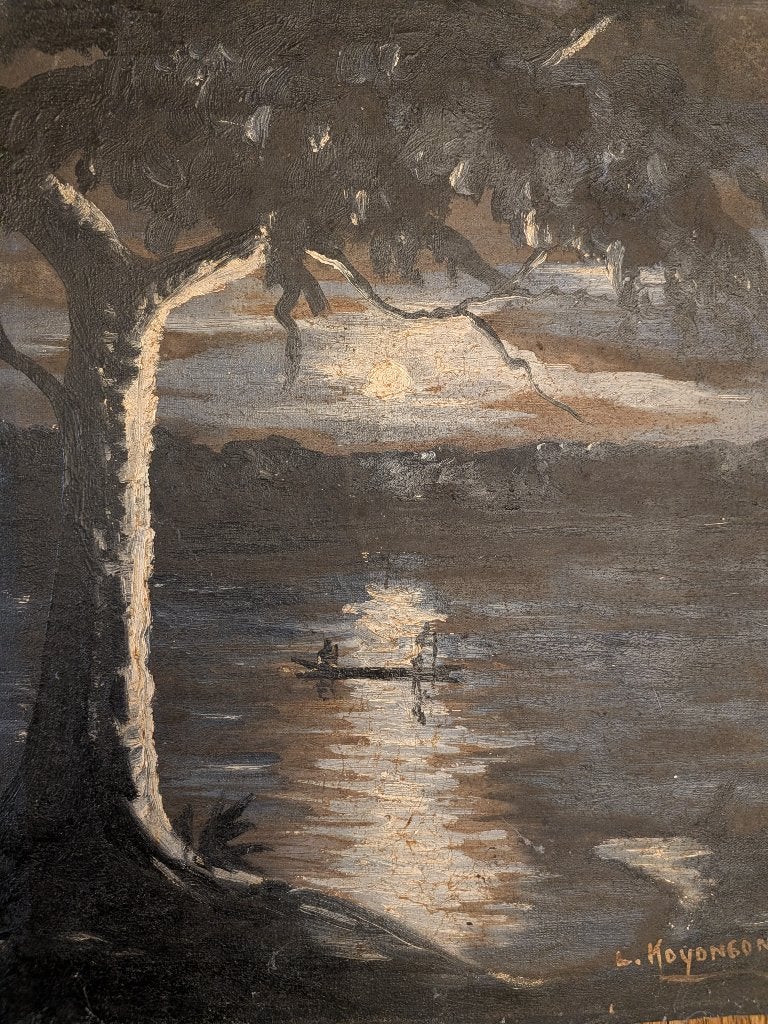 Avondlandschap met boot, Louis Koyongonda, 1933, Antiek en Kunst, Doek, Gedateerd, Ophalen of Verzenden, Landschap